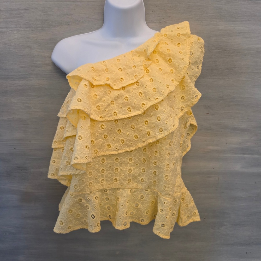 NY & Company 100%‎ Cotton Yellow One Shoulder Eyelet Ruffle Blouse Medium GC